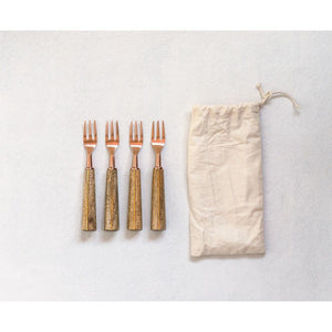 S/4 Steel Appetizer Forks w/Wood Handle in Drawstring Bag