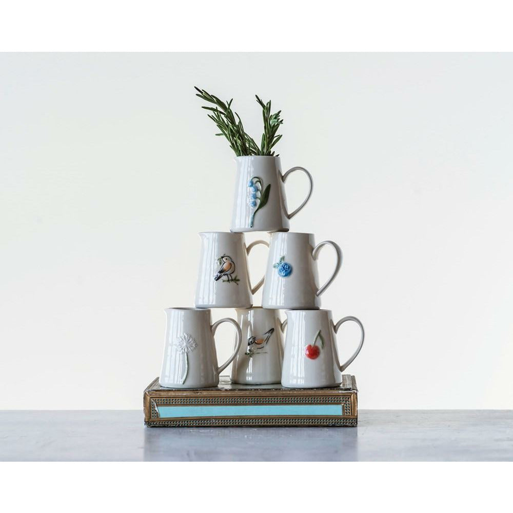Hand-Painted Embossed White Stoneware Creamer
