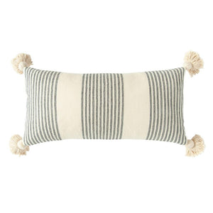 Grey Cotton & Chenille Woven Striped Lumbar Pillow w/Tassels