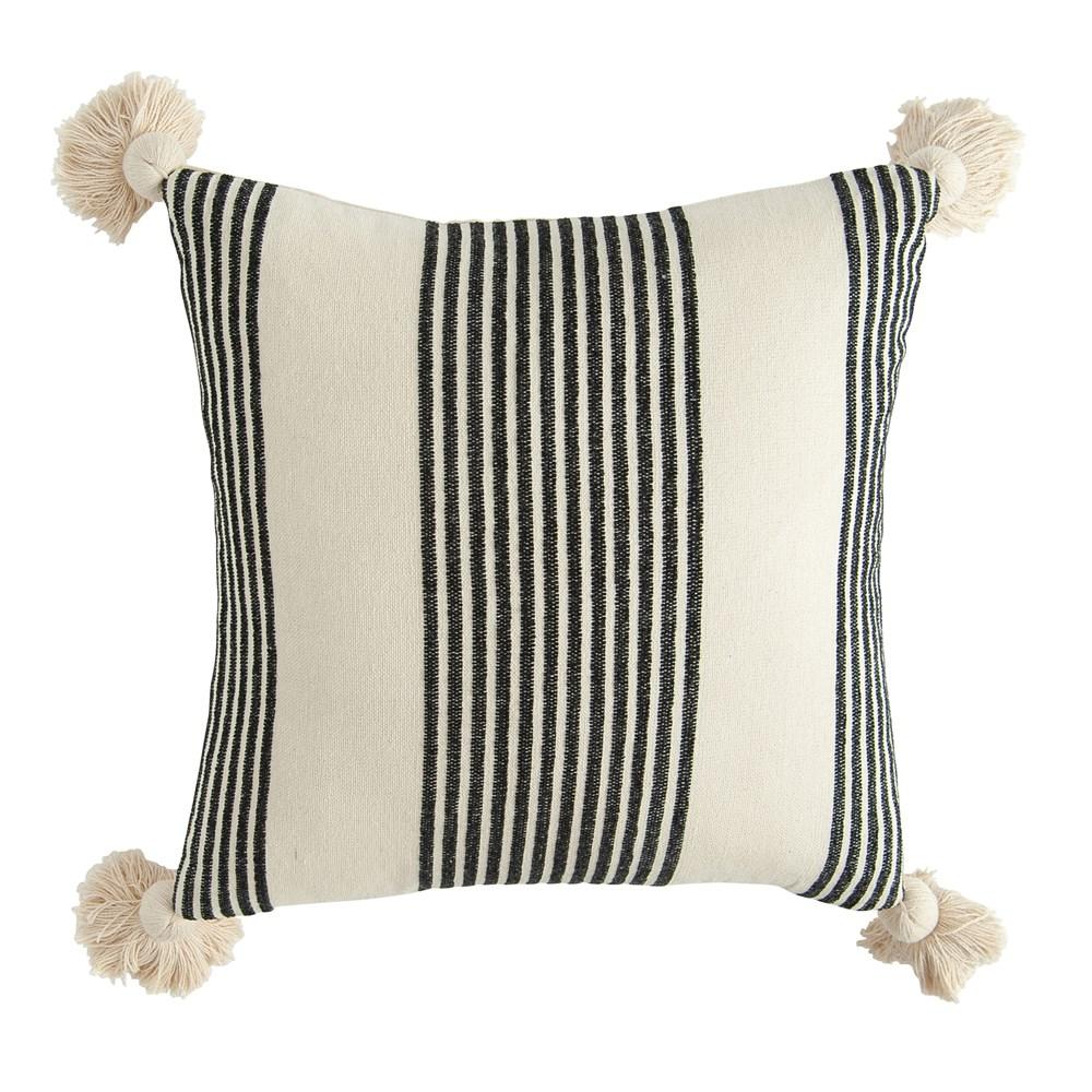 Black Square Cotton & Chenille Woven Striped Pillow w/Tassels