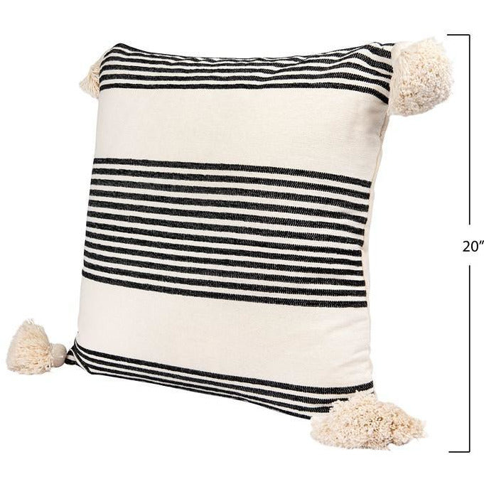 Black Square Cotton & Chenille Woven Striped Pillow w/Tassels