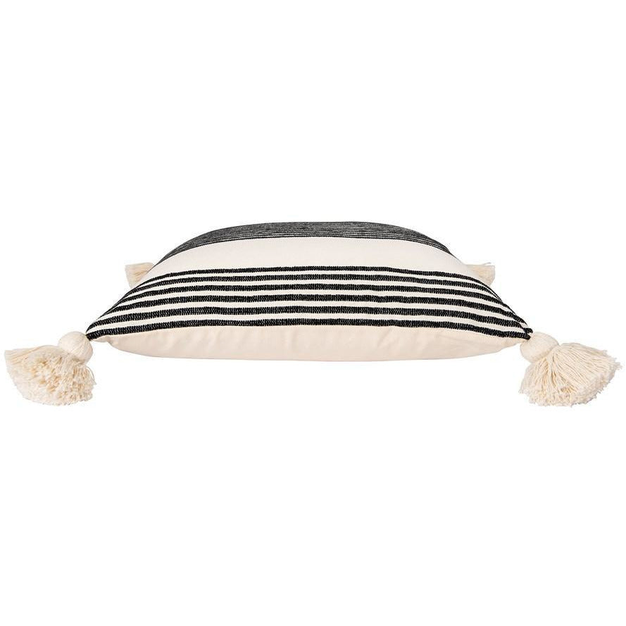Black Square Cotton & Chenille Woven Striped Pillow w/Tassels