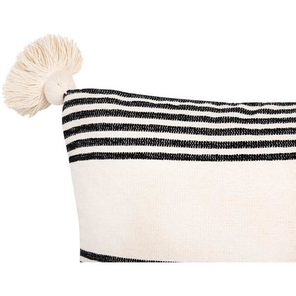 Black Square Cotton & Chenille Woven Striped Pillow w/Tassels