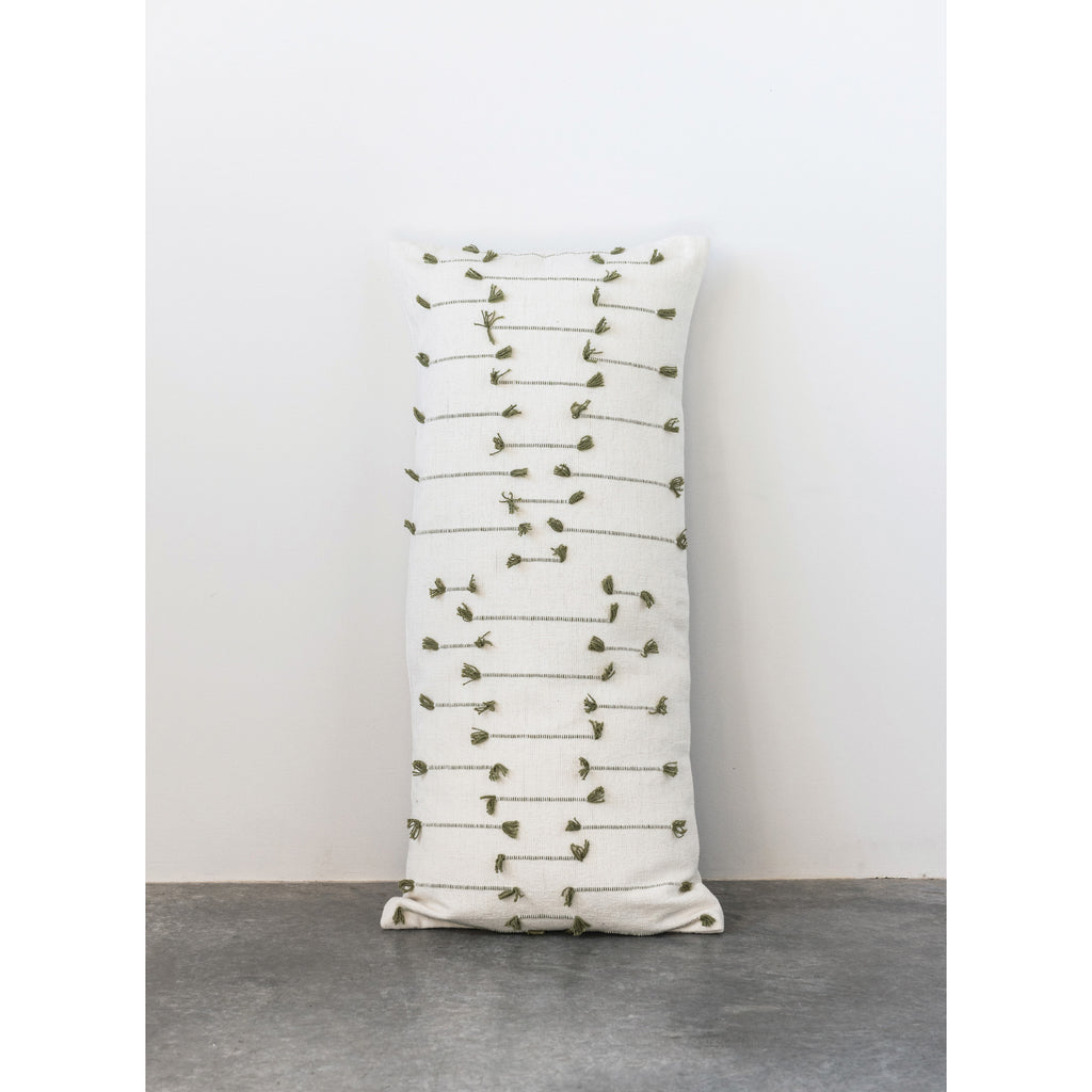 Ivory & Green Hand-Woven Cotton Blend Lumbar Pillow w/Woven Tassels