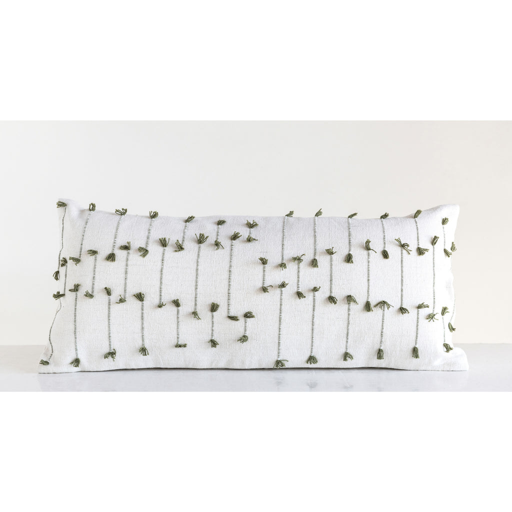 Ivory & Green Hand-Woven Cotton Blend Lumbar Pillow w/Woven Tassels