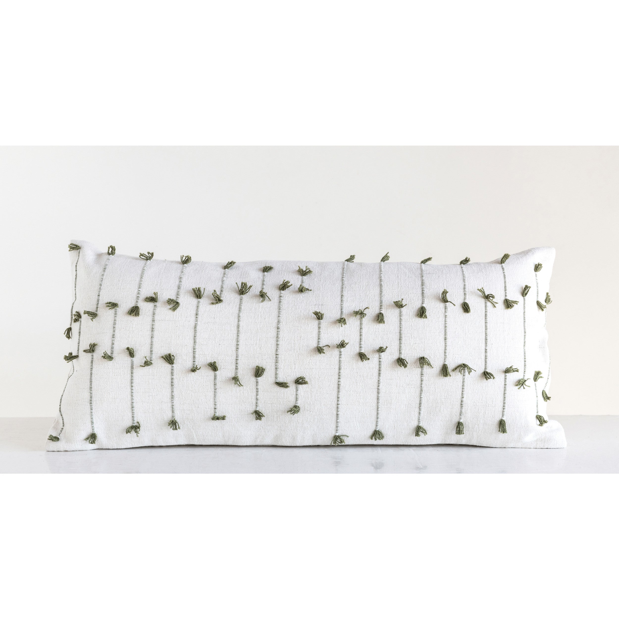 Ivory & Green Hand-Woven Cotton Blend Lumbar Pillow w/Woven Tassels