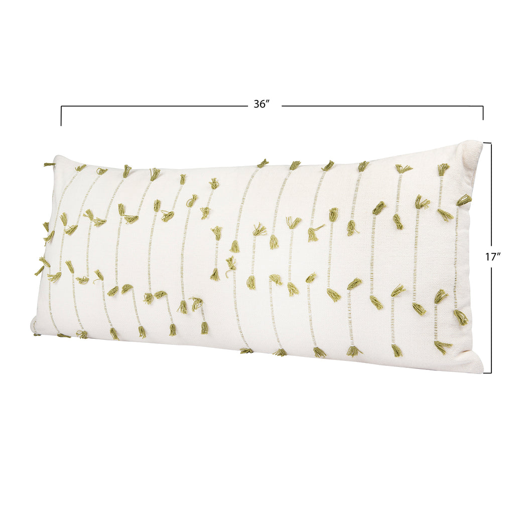 Ivory & Green Hand-Woven Cotton Blend Lumbar Pillow w/Woven Tassels