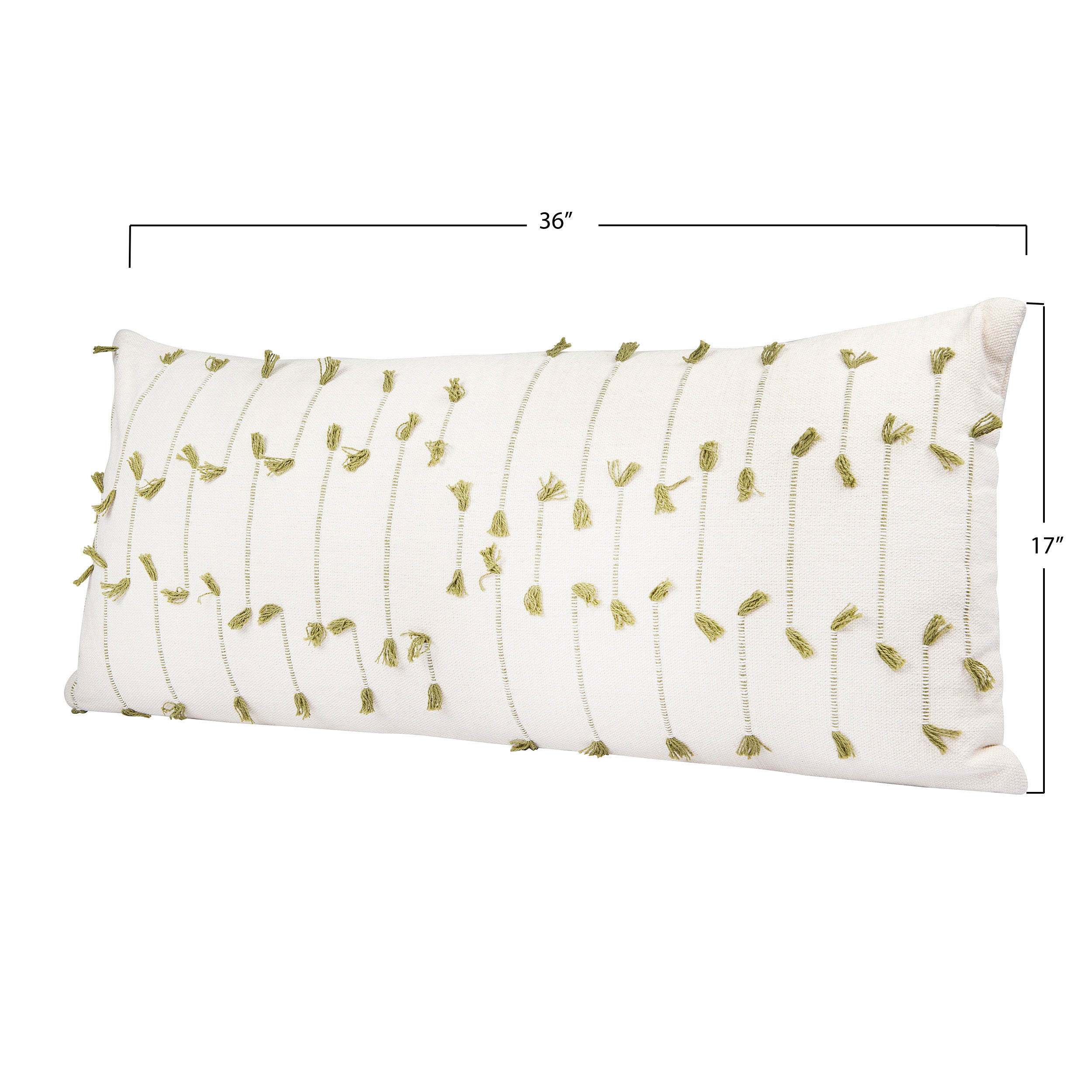 Ivory & Green Hand-Woven Cotton Blend Lumbar Pillow w/Woven Tassels
