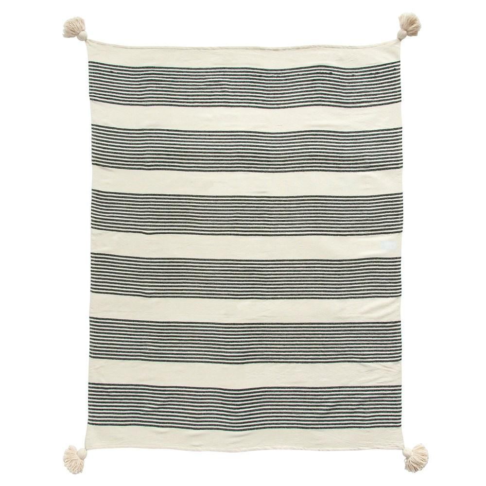 Cotton & Chenille Black & Cream Woven Striped Throw w/Tassels