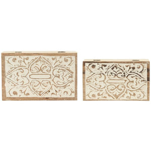 Hand-Carved Whitewashed Mango Wood Trinket Boxes