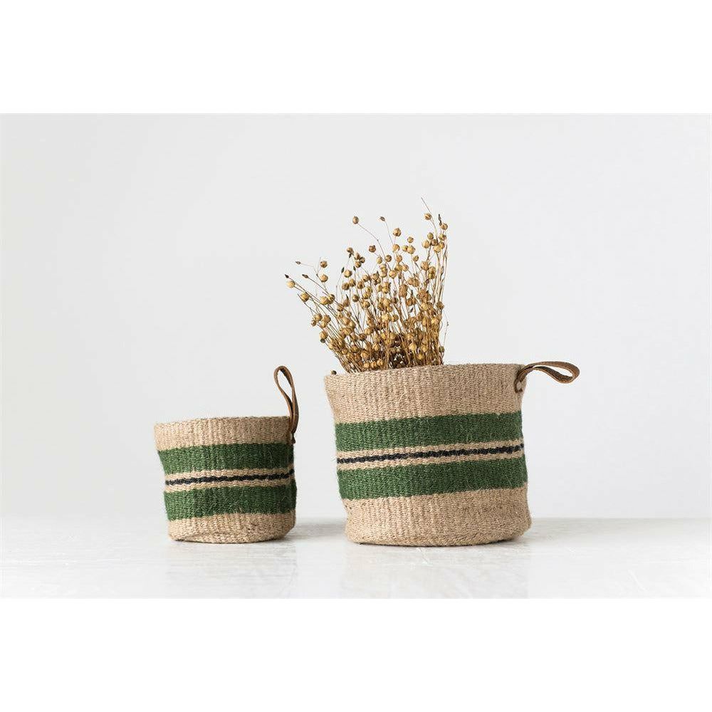 Green Striped Jute Baskets w/ Loop