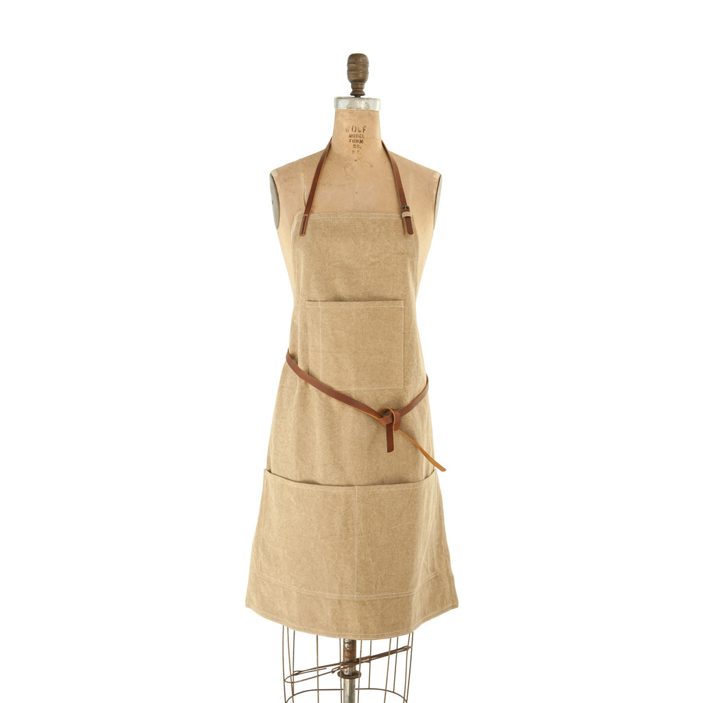 Khaki Colored Cotton Canvas Apron w/ Pockets & Leather Ties