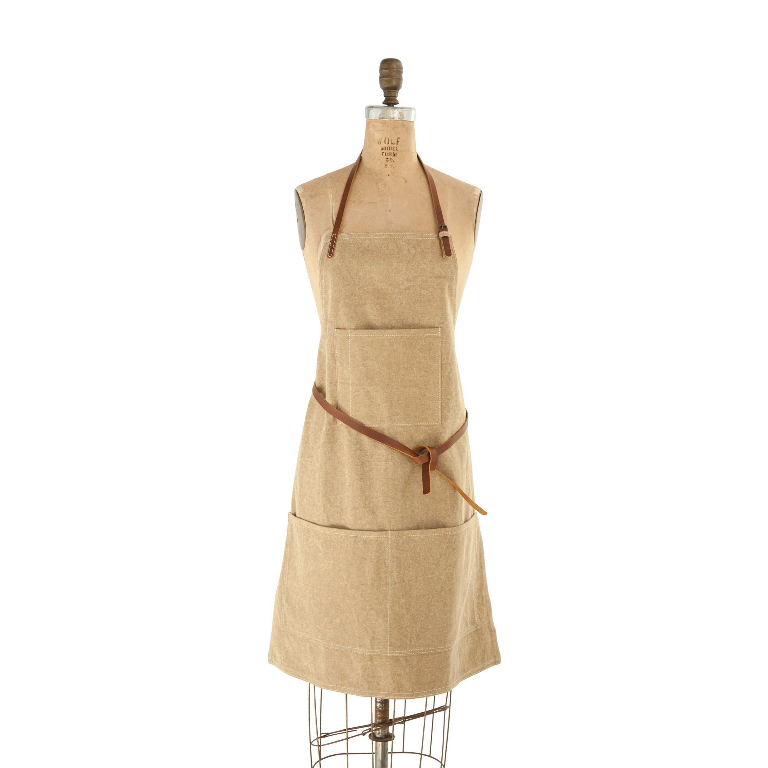 Khaki Colored Cotton Canvas Apron w/ Pockets & Leather Ties