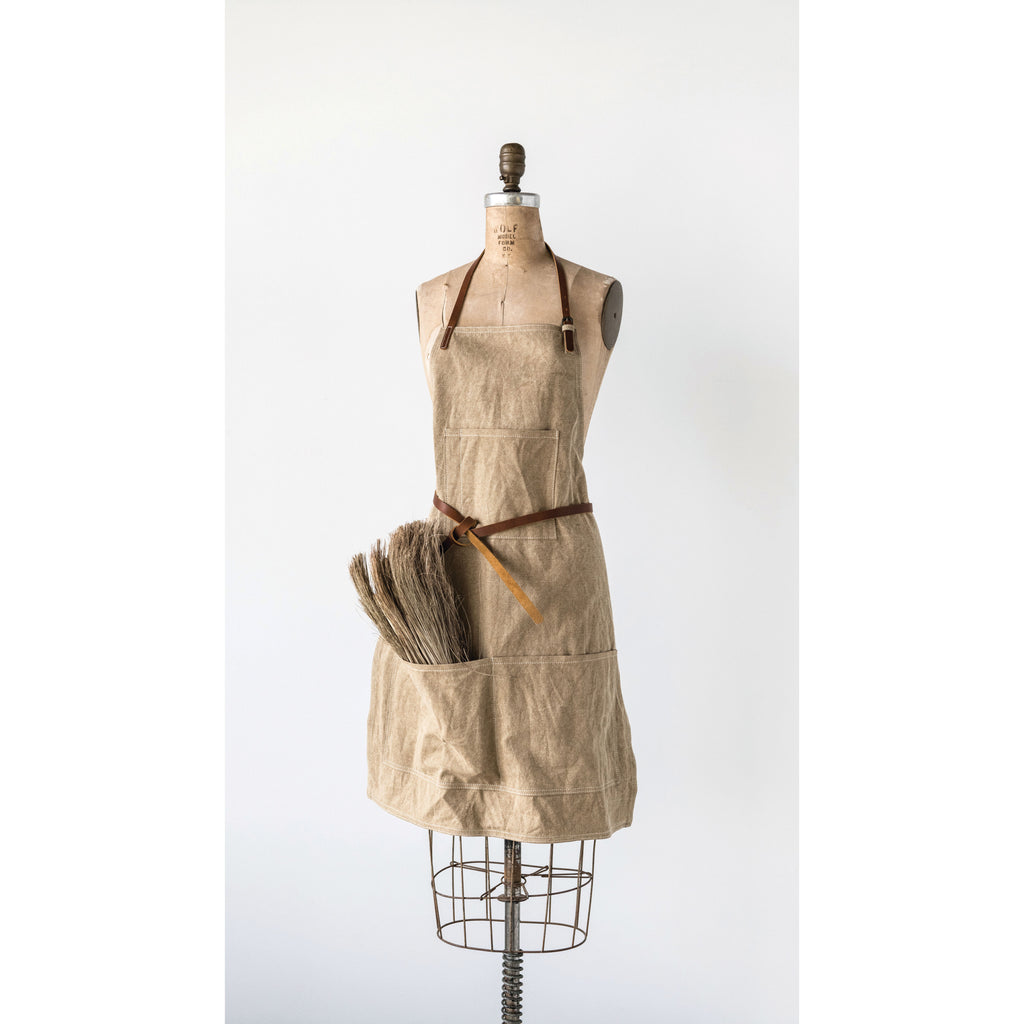 Khaki Colored Cotton Canvas Apron w/ Pockets & Leather Ties