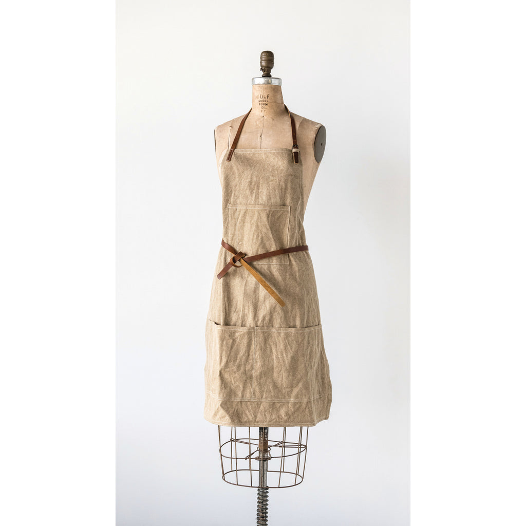 Khaki Colored Cotton Canvas Apron w/ Pockets & Leather Ties