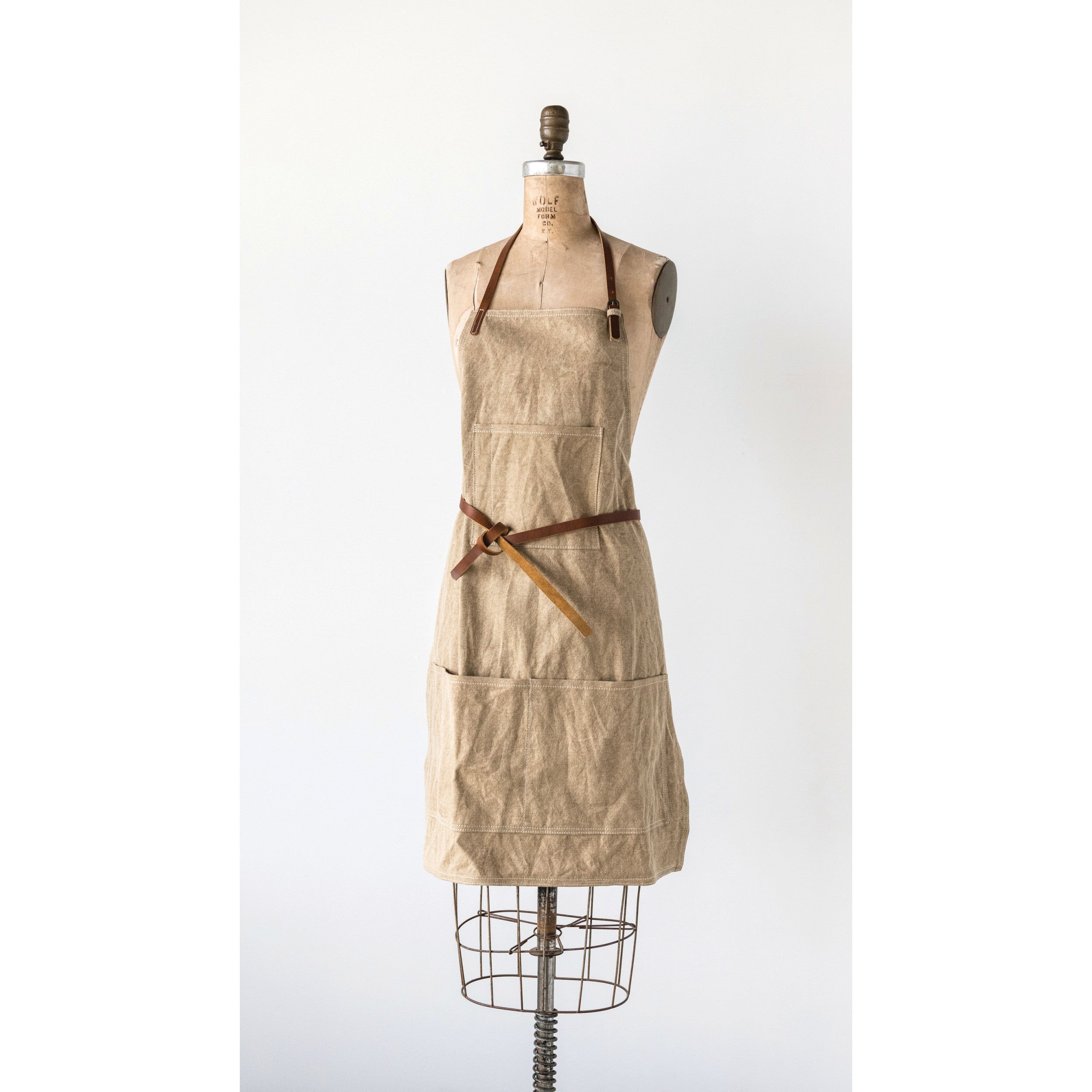 Khaki Colored Cotton Canvas Apron w/ Pockets & Leather Ties