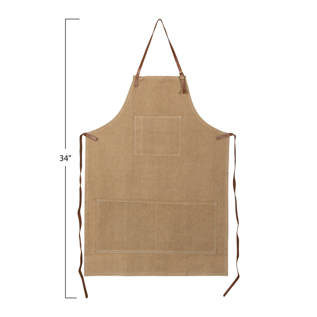 Khaki Colored Cotton Canvas Apron w/ Pockets & Leather Ties