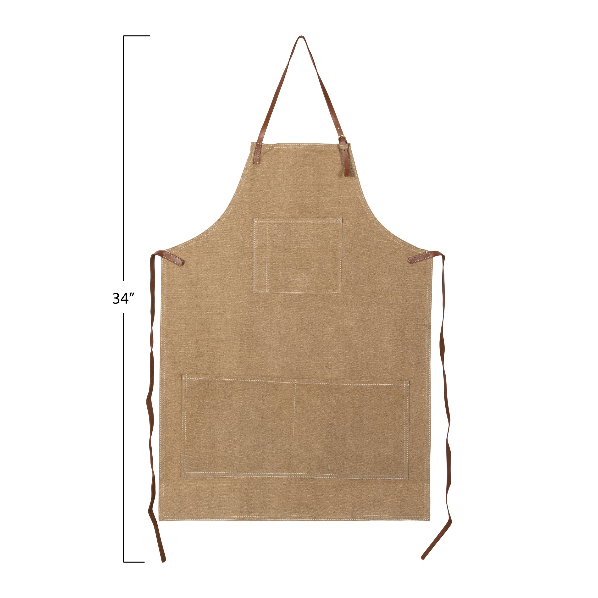 Khaki Colored Cotton Canvas Apron w/ Pockets & Leather Ties