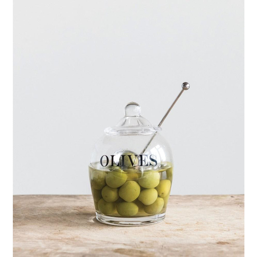 "Olives" Glass Jar w/Stainless Steel Slotted Spoon
