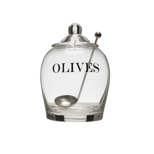 "Olives" Glass Jar w/Stainless Steel Slotted Spoon