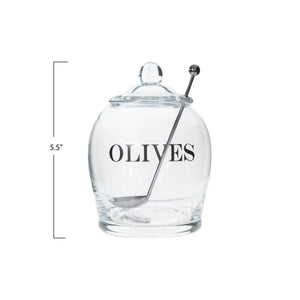 "Olives" Glass Jar w/Stainless Steel Slotted Spoon