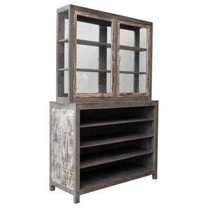 Reclaimed Wood & Tempered Glass 2-Piece 2-Sided Cabinet w/6 Shelves & 4 Doors
