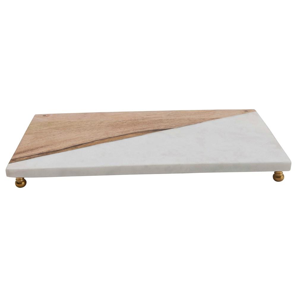 Wood & Marble Serving Tray w/Brass Feet