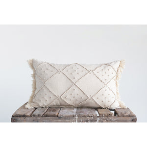 Cream Woven Cotton & Linen Blend Lumbar Pillow w/French Knots & Fringe,