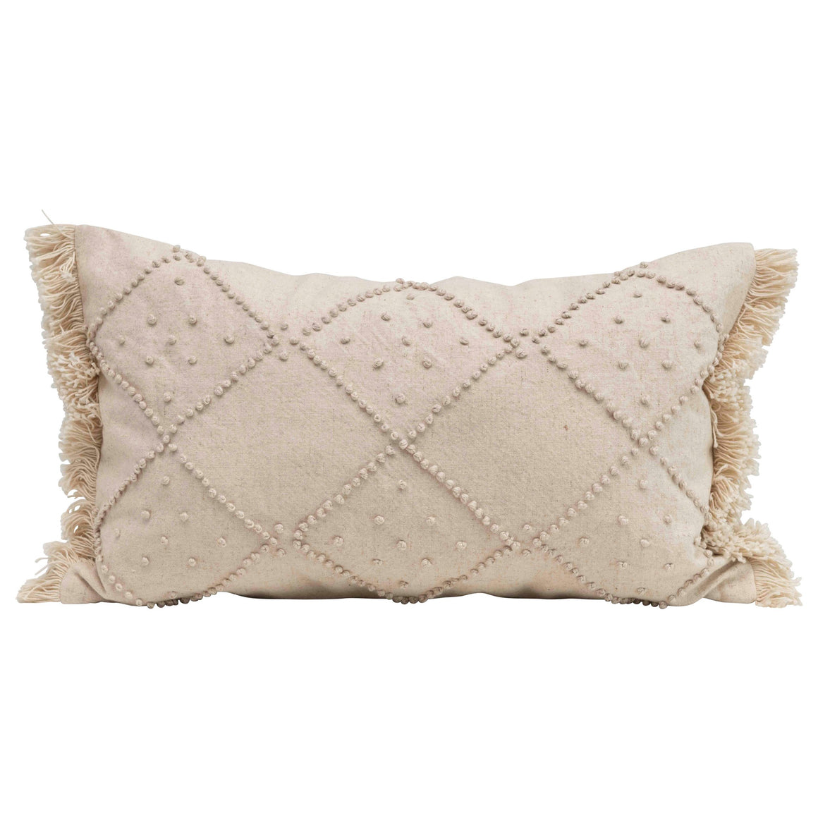 Cream Woven Cotton & Linen Blend Lumbar Pillow w/French Knots & Fringe,