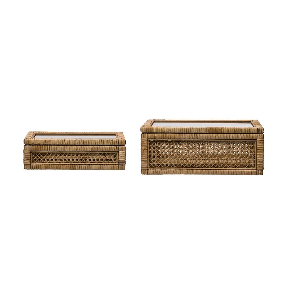 Woven Rattan & Wood Display Box w/Glass Lid