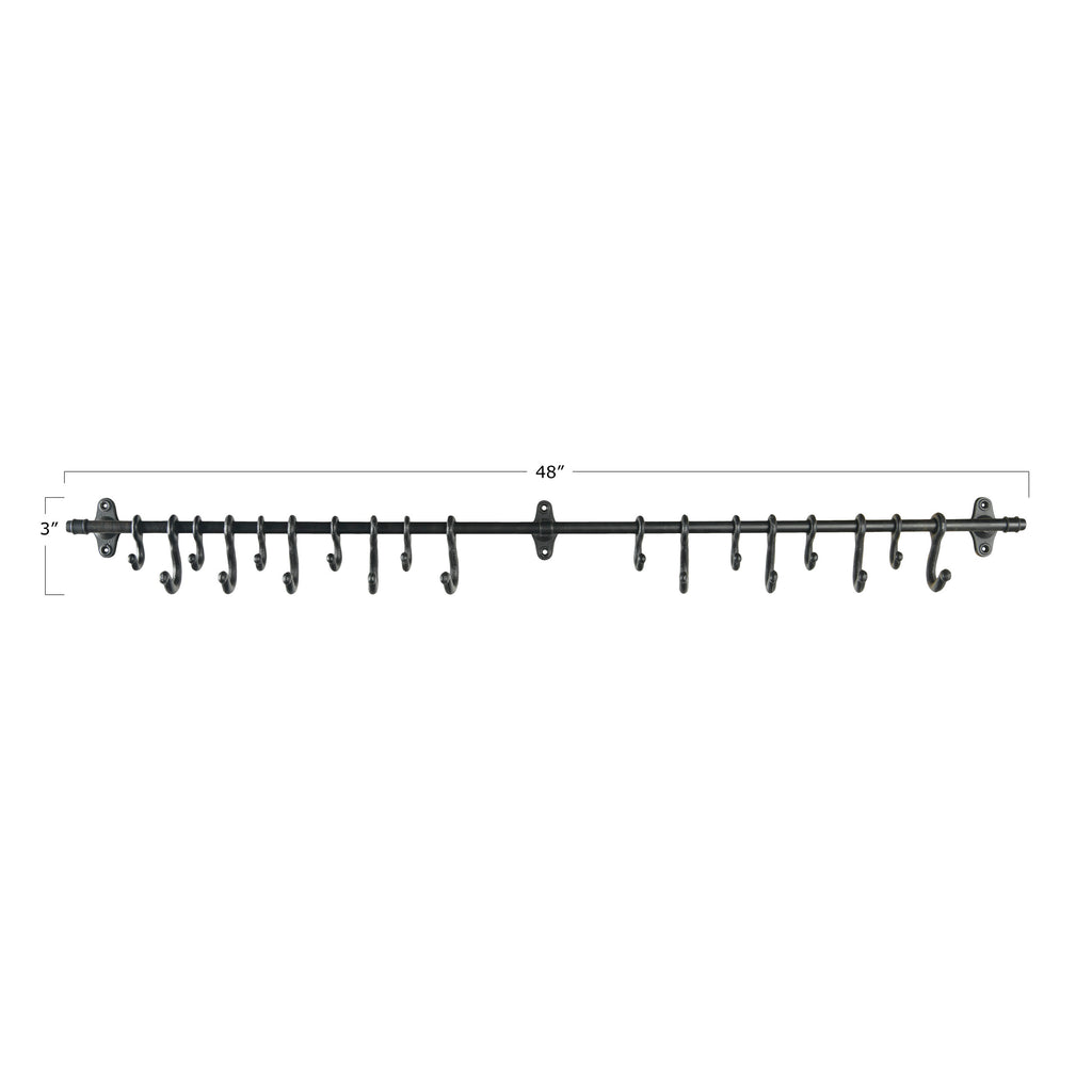 Black Forged Metal Wall Rod w/18 Hooks