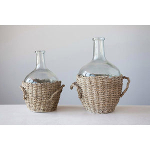 Glass Bottle in Woven Seagrass Basket w/Handles