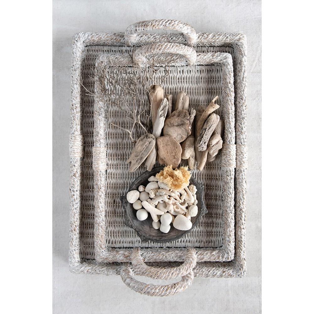 Whitewash Decorative Rattan Trays w/Handles