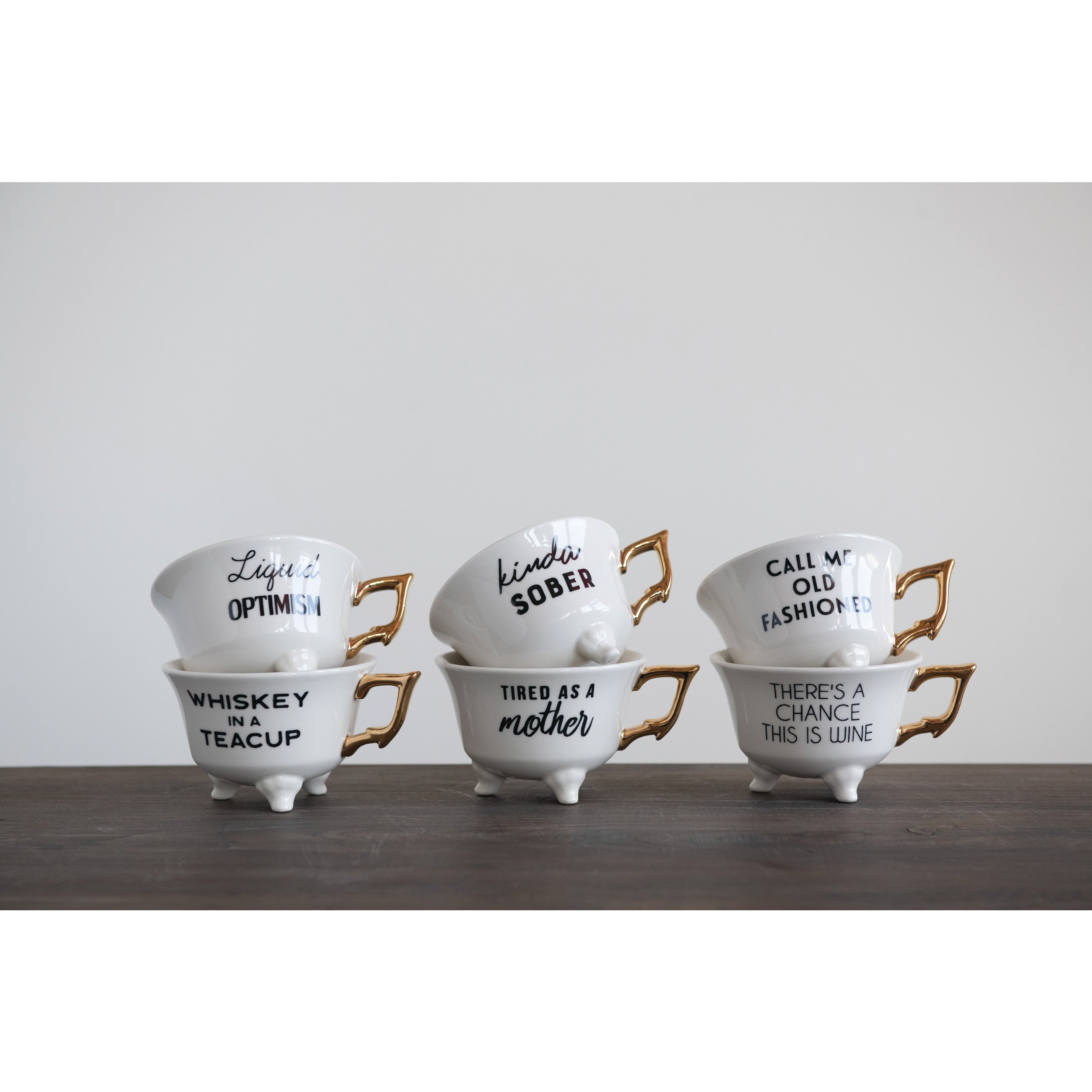 Stoneware Footed Teacup w/Gold Electroplating & Saying