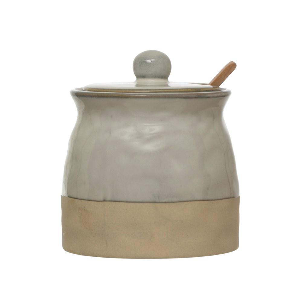 White Reactive Glaze Stoneware Sugar Pot w/Lid & Wood Spoon