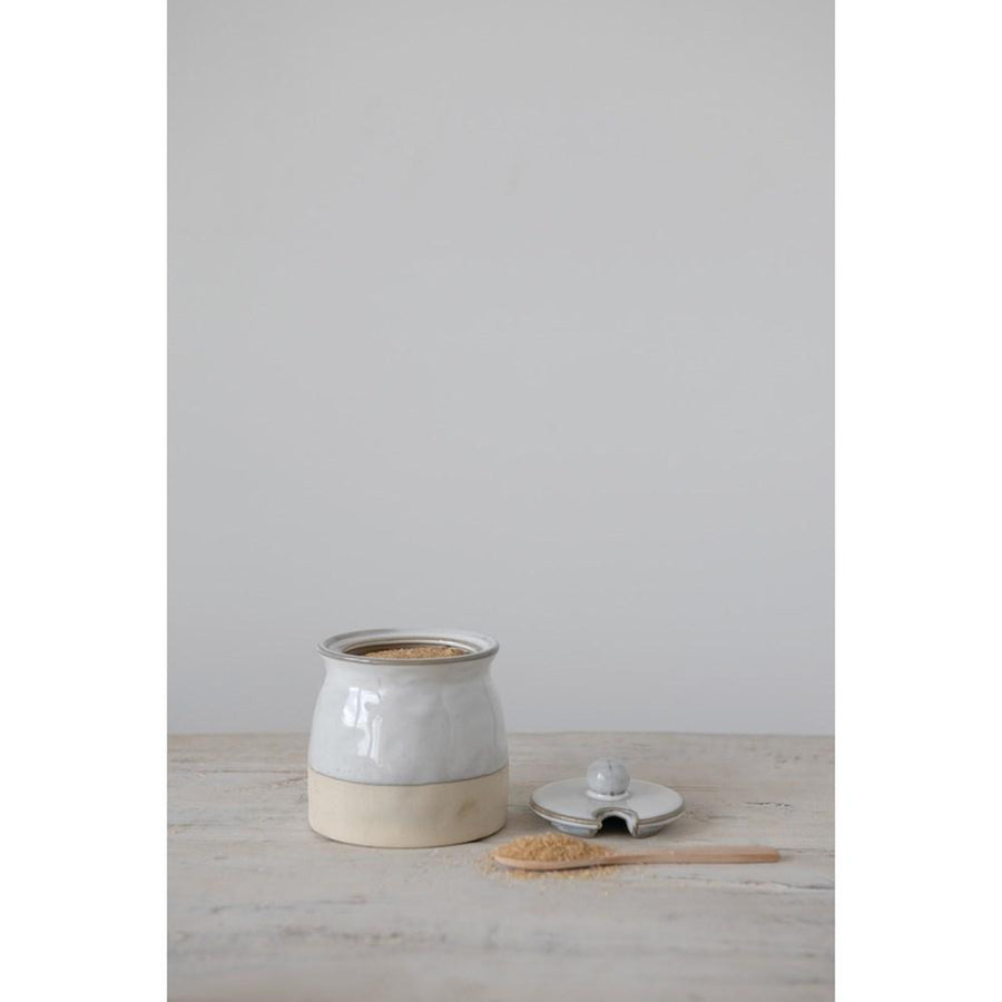 White Reactive Glaze Stoneware Sugar Pot w/Lid & Wood Spoon