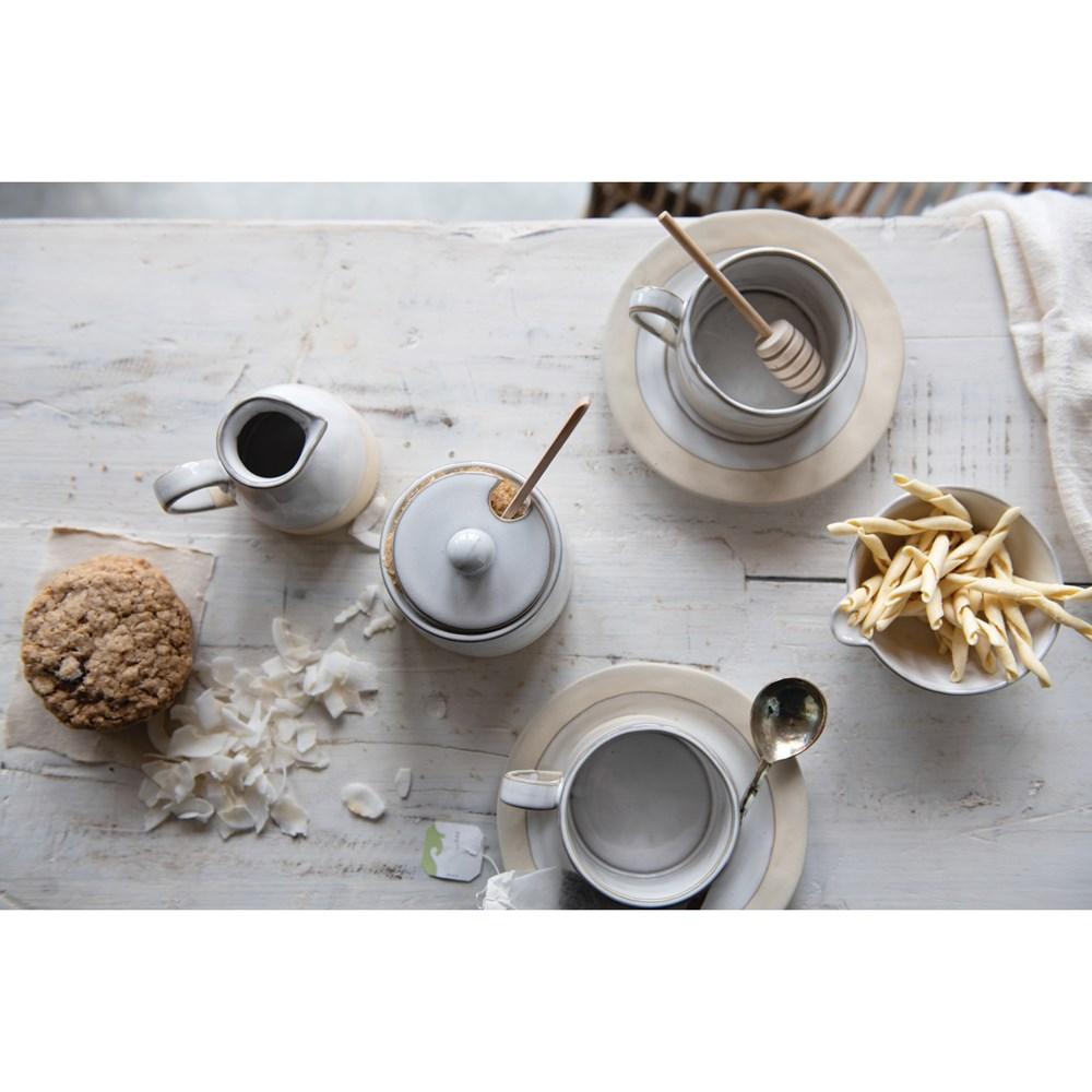 White Reactive Glaze Stoneware Sugar Pot w/Lid & Wood Spoon