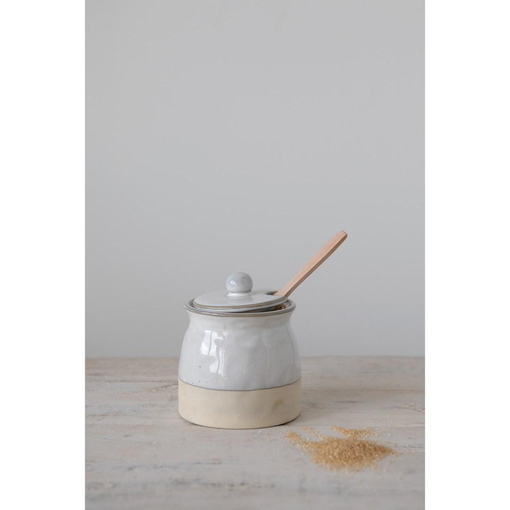 White Reactive Glaze Stoneware Sugar Pot w/Lid & Wood Spoon