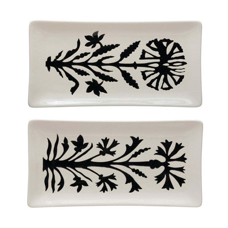 Black & White Stoneware Platter w/Floral Pattern
