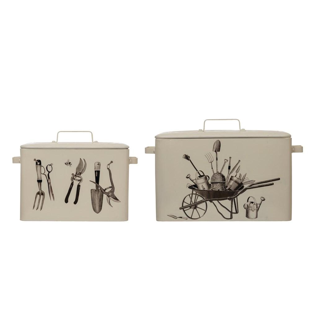 White Decorative Metal Container w/Garden Tools Images