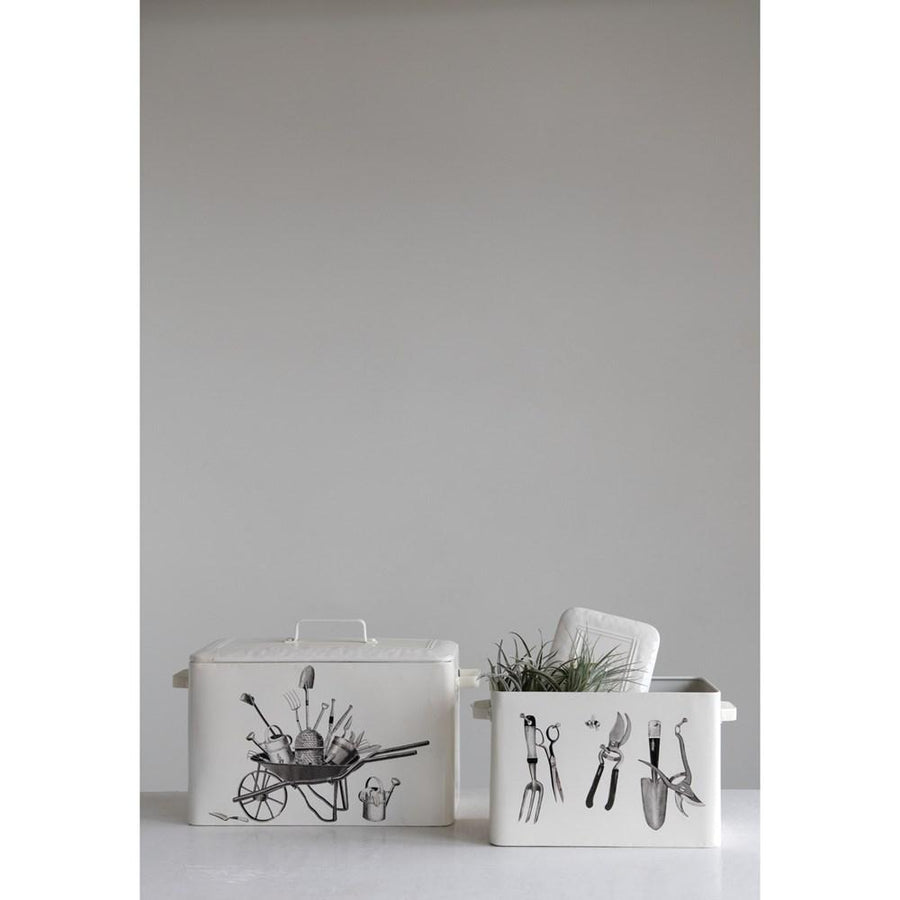 White Decorative Metal Container w/Garden Tools Images