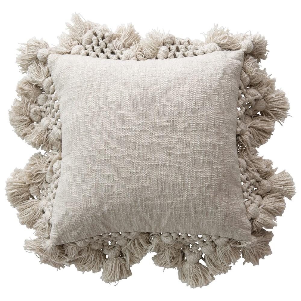 Cream Square Cotton Slub Pillow w/Crochet & Tassels