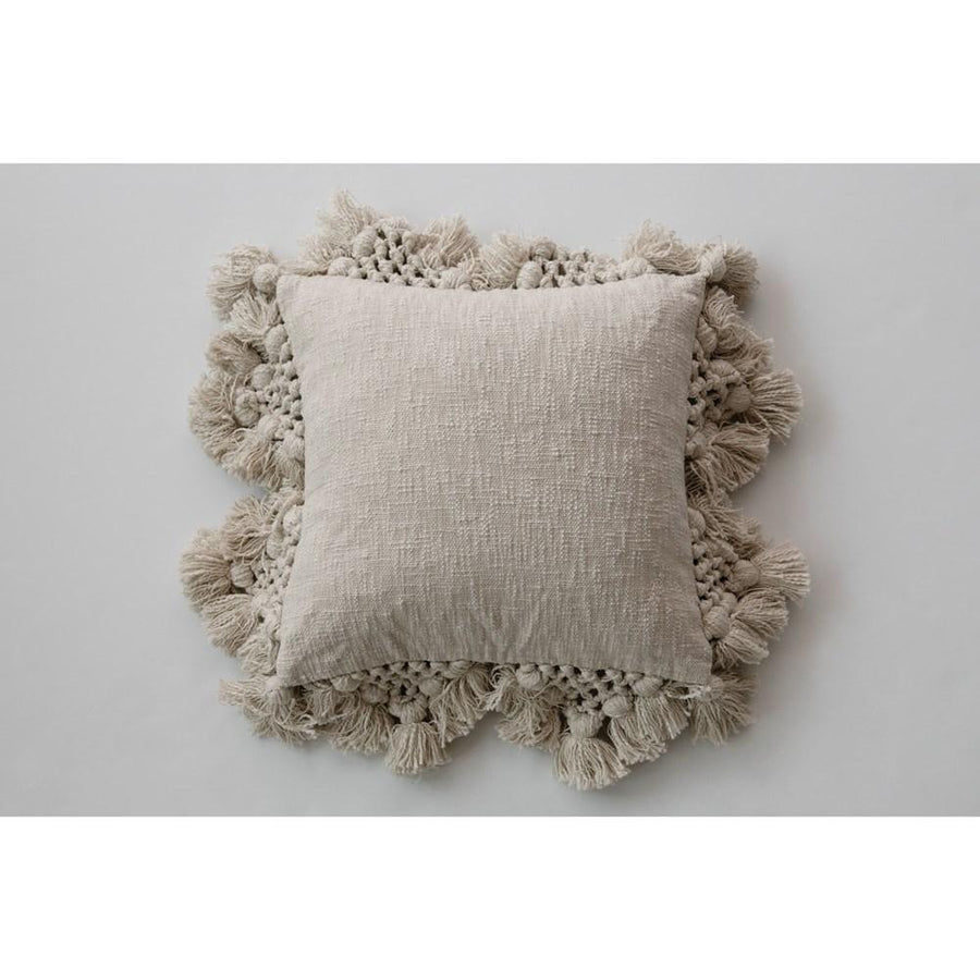 Cream Square Cotton Slub Pillow w/Crochet & Tassels