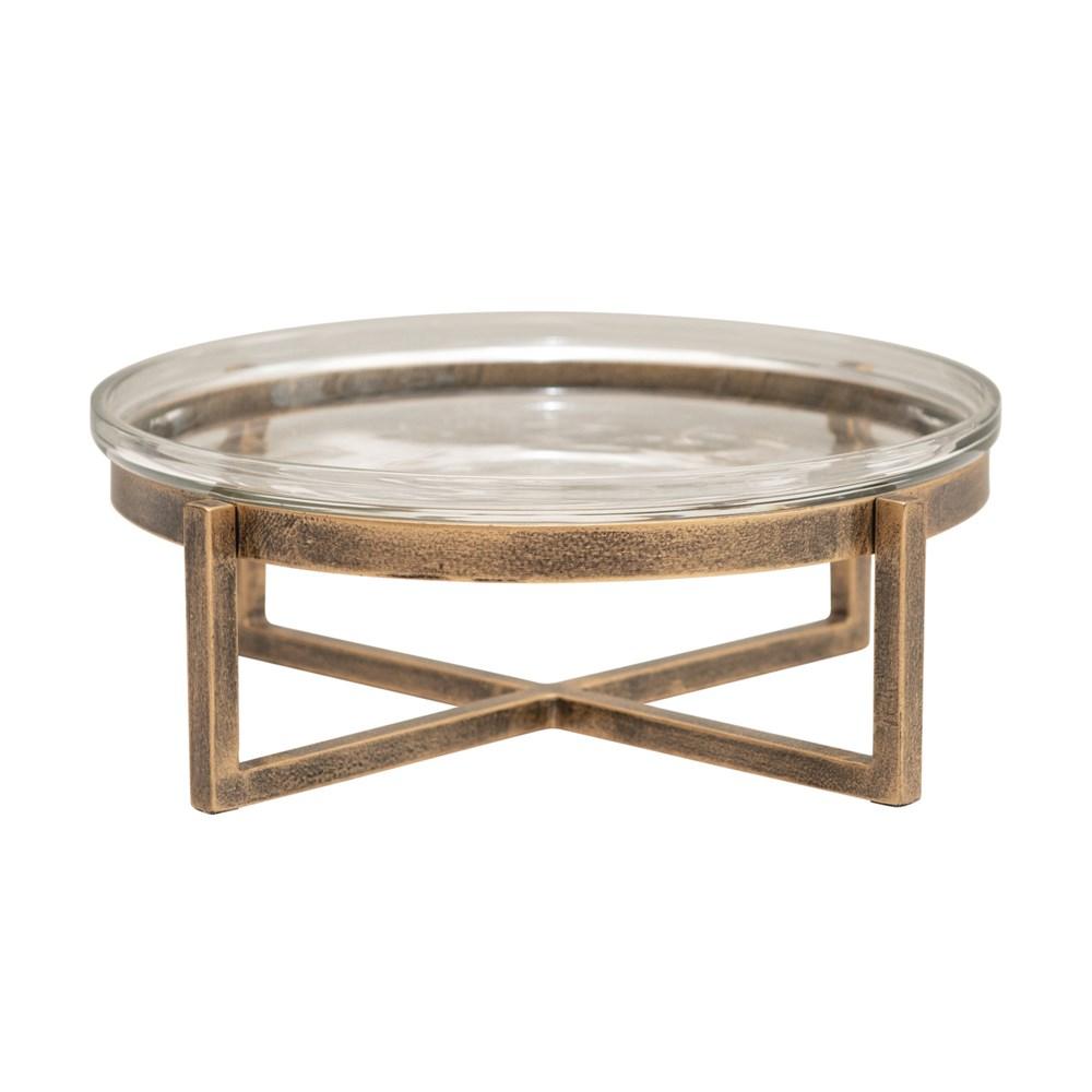 Antique Gold Finish Glass Serving Tray w/Metal Stand