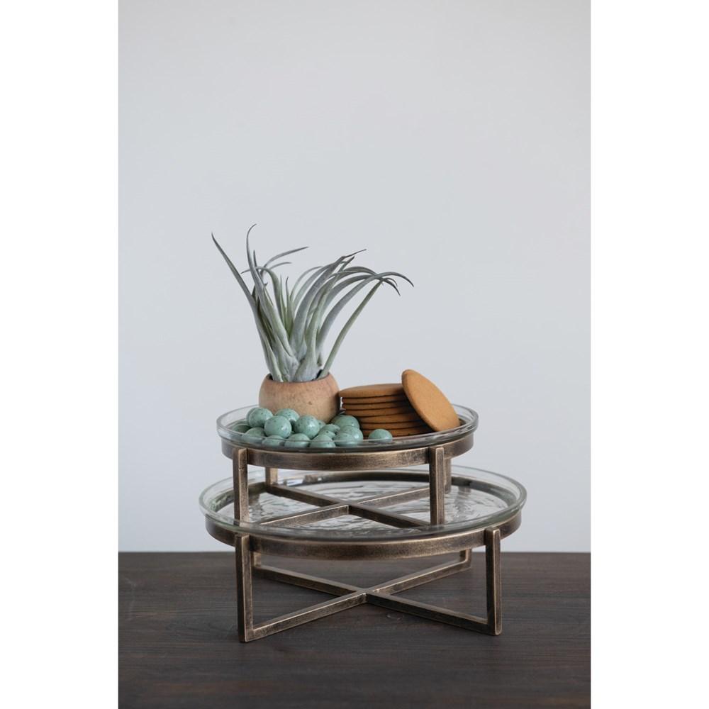 Antique Gold Finish Glass Serving Tray w/Metal Stand