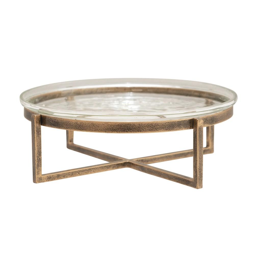 Antique Gold Finish Glass Serving Tray w/Metal Stand