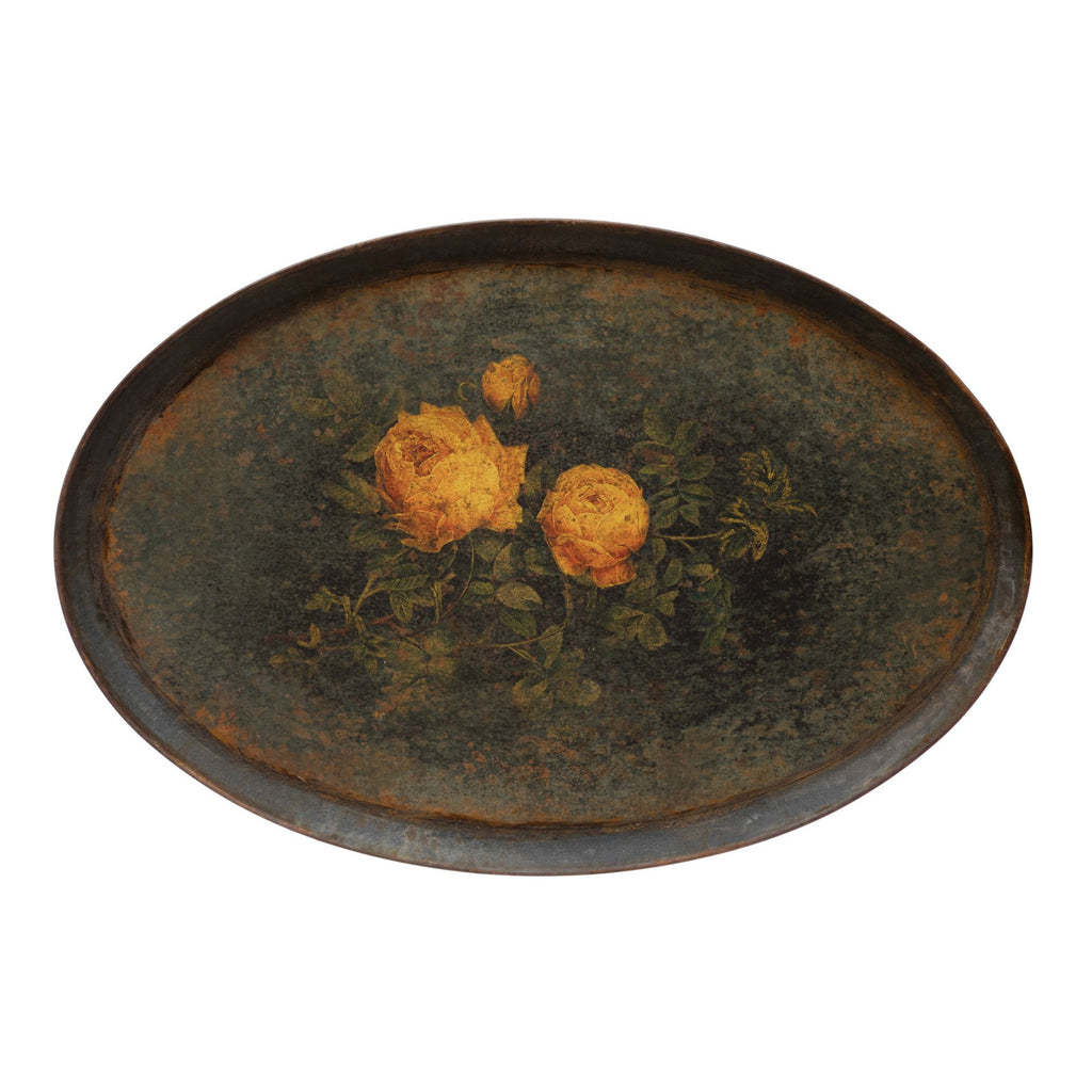 Decorative Hand-Painted Metal Tray w/Roses