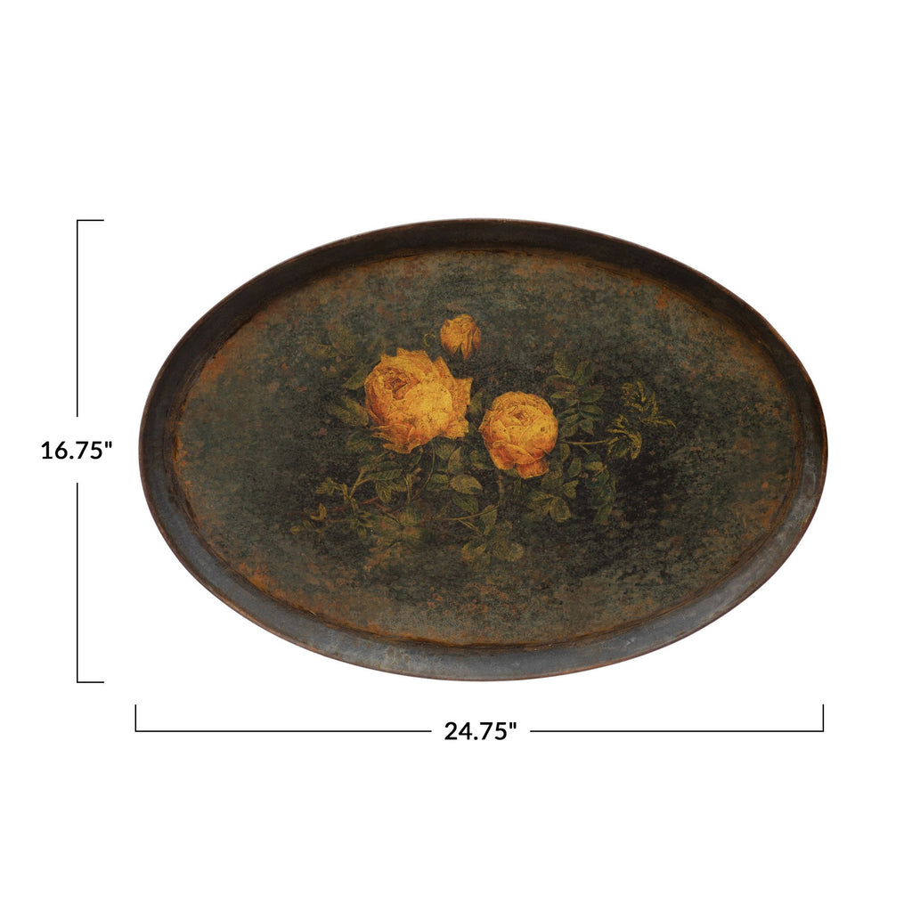 Decorative Hand-Painted Metal Tray w/Roses