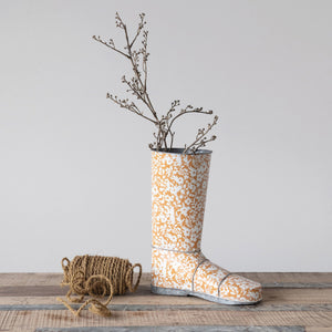 Decorative Mustard & White Colored Metal Garden Boot W/Floral Pattern