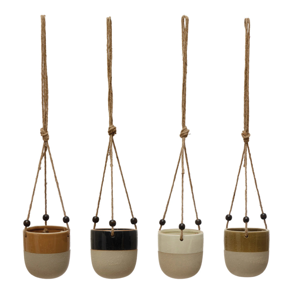 Hanging Stoneware Glaze/Matte Planter w/Wood Beads